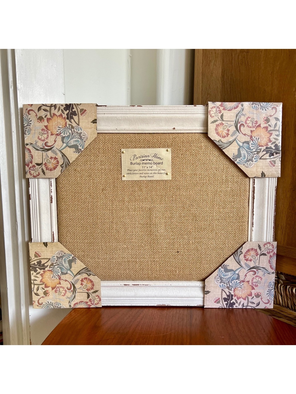 PARISAN HOME Rustic Burlap Memo Board w/Distressed White Wall Frame 11x14